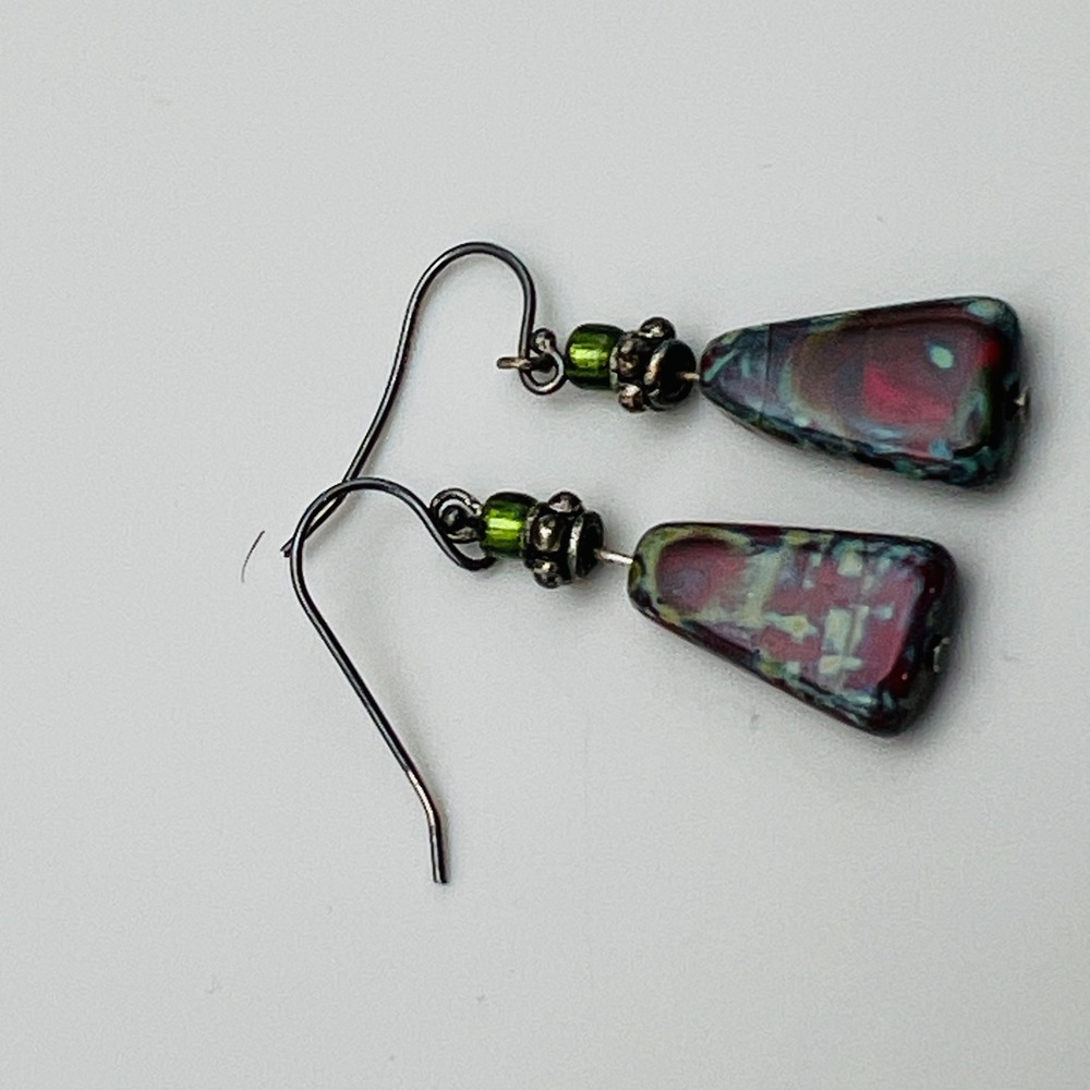 Dangle Earrings Iridescent Glass Drop Black Pink Green Artisan Boho Abstract - Picture 6 of 7